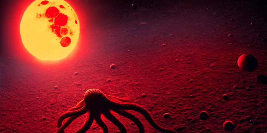 Image similar to giant <Cthulhu> tentacles silhouetted lunar surface crushing attacking red spaceship, bomber, photorealistic, wide-angle, long shot, epic, space, lunar photo backdrop on film