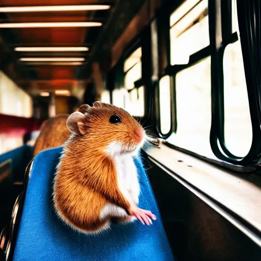 Image similar to photo of a train interior, a brown hamster is sitting on a seat, various poses, unedited, soft light, sharp focus, 8 k