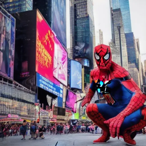 Prompt: photo realistic, spiderman selfie in time square