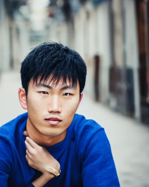 Image similar to gold, blue, photo of an asian male, 8 k, 8 5 mm f 1. 8