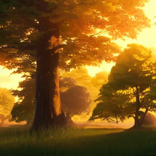 Image similar to golden hour, trees, nature, concept art, Makoto Shinkai, fabulous, 4K