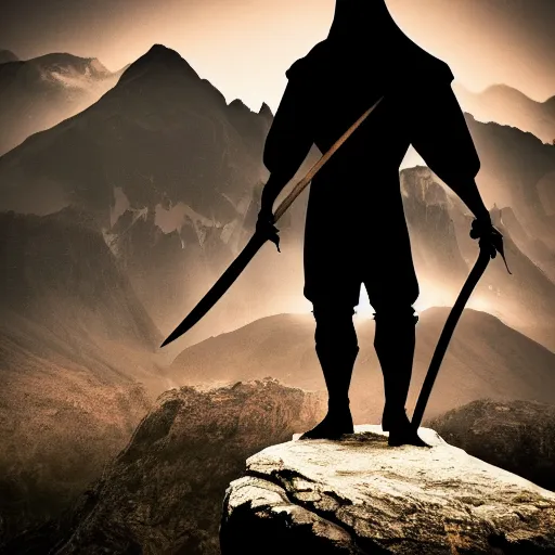 Image similar to a dark figure holding a sword, closeup shot, mountain's background, dawn, fantasy, 4 k resolution, award winning