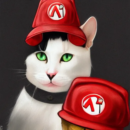 Image similar to Portrait of a Cat wearing a red Super Mario hat, kawaii aesthetic, nintendo, box art, wallpaper, highly detailed, digital painting, artstation, concept art, smooth, sharp focus, illustration, art by artgerm and greg rutkowski and alphonse mucha