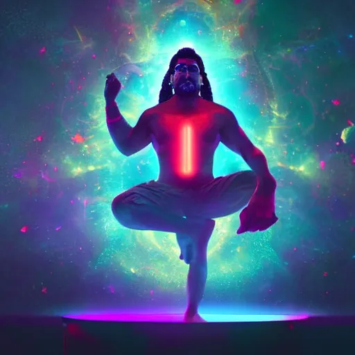 Prompt: Epic wide angle portrait of Shiva generating the universe with his dance, digital painting, octane render, glowing colors