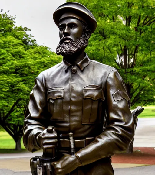 Prompt: a 4 k photorealistic photo medium shot waist up of a bronze statue of a young american soldier with a beard in a park