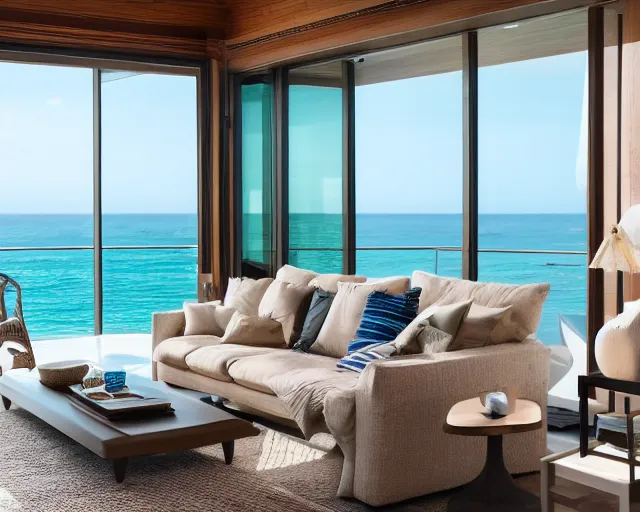 Prompt: A modern living room in a ocean hues style next to a big terrace overlooking the ocean, luxurious wooden coffee table in the center, inspired by the ocean, calm, relaxed style, harmony, wide angle shot, 8k resolution, ultra detailed