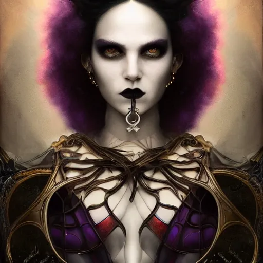 Prompt: by tom bagshaw, photorealistic portrait of a curiosities carnival, single beautiful in a full gothic armor, multiple dyed colors purple black lustrous thin haircut, marvel, symmetry accurate features, focus, rainbow lighting, very intricate details, award winning masterpiece, ultra deep fog background