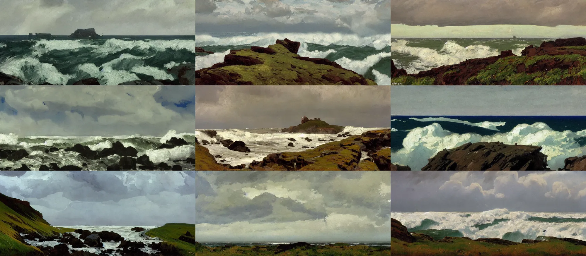 Prompt: painting in the style of Isaac Levitan, Savrasov, Arkhip Kuindzhi and Frederick Judd Waugh, T Allen Lawson and Ian Fisher and Sidney Richard Percy, sea storm and big waves cliffs, coast, strong wind, road to the sea, low clouds after rain, wet grass and black stones, dream heavenly cloudy sky, horzon, hurricane stromy clouds, small village, forests and mountains at sunset sunrise, volumetric lighting, very beautiful scenery, pastel colors, ultra view angle view