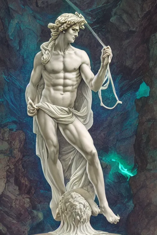 Prompt: a detailed marble sculpture of the statue of david wearing glowing neon slotted 1 9 8 0 s glasses, vaporwave style masterpiece, 8 k, art by greg rutkowski and albert bierstadt and arthur rackham and alphones mucha