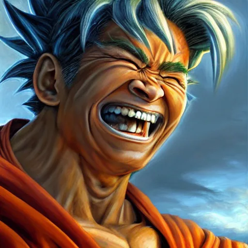 Image similar to beautiful hyperrealistic detailed matte portrait painting of happy goku, by andreas rocha and john howe, and martin johnson