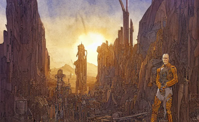 Image similar to a hyperrealist watercolor concept art of a sci - fi futurist metropolis in arizona. a medieval monk in grey robes is in the foreground. golden hour. very muted colors, by rebecca guay, michael kaluta, charles vess. high detail, hq, wide shot, 4 k