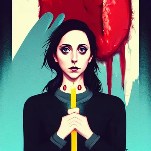Prompt: loish, artgerm, Joshua Middleton art, pretty female Alison Brie serial killer holding bloody knife in right hand with five fingers, blood on clothes and face, sarcastic smile, symmetrical eyes, symmetrical face, full body, jean jacket, jeans, short blonde hair, middle shot, night time, deep blacks