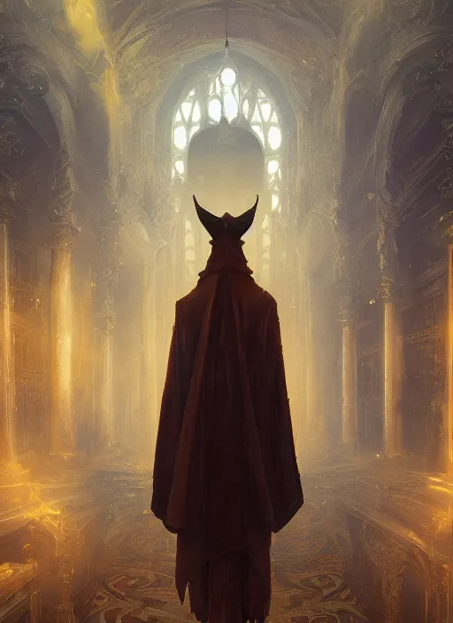 Image similar to surrealistic portrait of anthropomorphic caracal in golden priest clothes wearing vr in orthodox church, bokeh, foggy, dynamic lighting, darkness, ambients, dramatic, foggy, heavy bokeh and blur, cinematic, depth of field, art by bussiere rutkowski andreas rocha