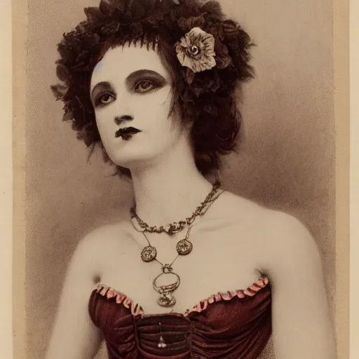 Prompt: photograph of a lilith wearing a 1 8 9 0's polonaise, looking at the camera, aesthetic, elaborate, intricate, highly detailed, detailed face, photorealism, smooth, sharp focus, 8 k,