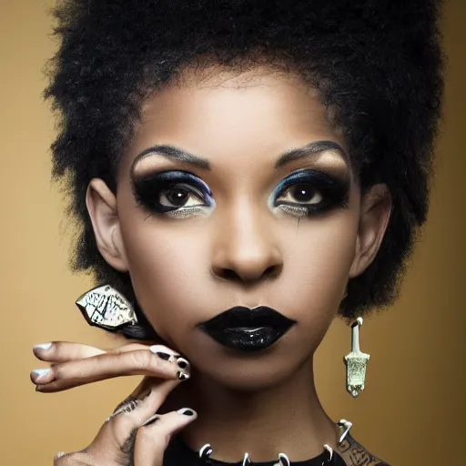 Prompt: a vibrant professional studio portrait photography of a black, young, goth, friendly, casual, delightful, gorgeous kirby howell, elegant black dress, piercing eyes, ankh necklace, intricate, femme fatale, annie leibovitz, nikon, breathtaking, superb, lensculture portrait awards, photoshopped, dramatic lighting, 8 k, hi - res