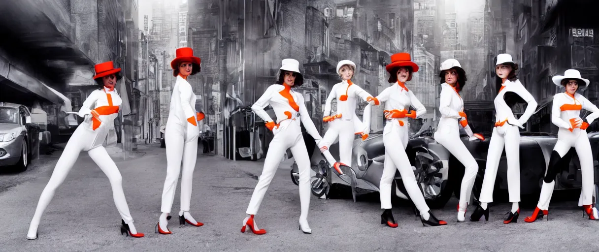 Image similar to a wide angle shot of a clockwork orange female droog gang, beautiful soft features, designed by artgerm and a red pininfarina sportscar in the background hdr, 8 k, hyperrealistic, volumetric lighting