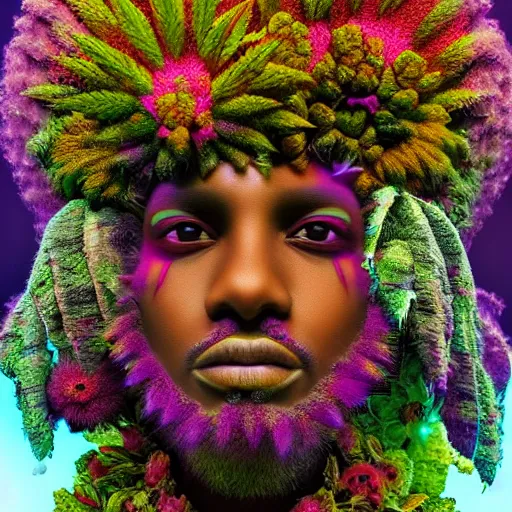 Image similar to an african marijuanna! shaman with an afro made of flowers, third eye art art by machina infinitum, complexity from simplicity, rendered in octane, mandelbulb 3 d, rim lighting, ambient occlusion, macro photography, felt!!! texture, tribal, neon! retrowave