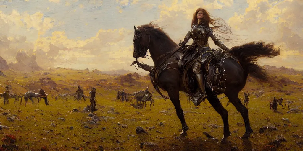 Image similar to full body girl armor and metal horse landscape of meadow by gaston bussiere, anna nikonova aka newmilky, greg rutkowski, yoji shinkawa, yoshitaka amano, tsutomu niehi, donato giancola, geoffroy thoorens, trending on artstation, featured on pixiv, cinematic composition, 8 k