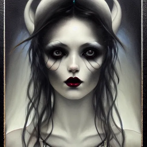 Image similar to By Tom Bagshaw, ultra realist soft painting of curiosities carnival by night, very beautiful horn female long gothic dress thin dark lustrous hair, partial symmetry features, very intricate details, omnious sky, black and white, volumetric light clouds