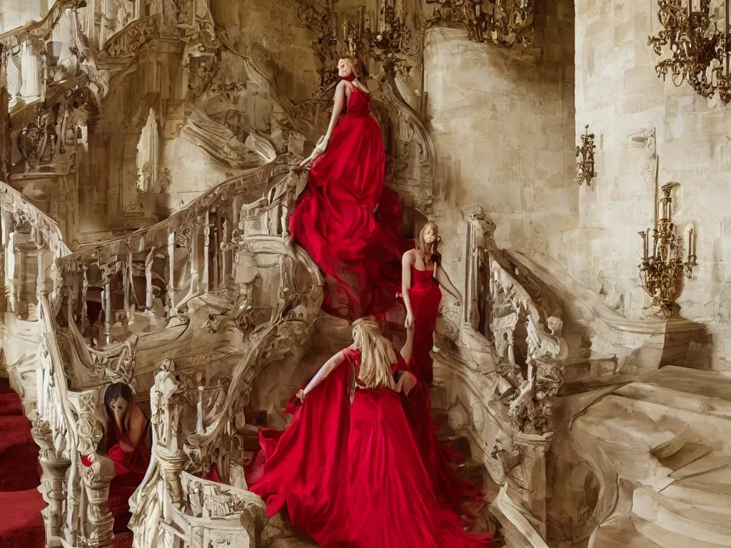 Image similar to An impressive castle entrance, a beautiful woman wearing a red dress, coming down the stairs, sided by two fierce Dobermans, art directed by Martin de Thurah and shot by Kasper Tuxen