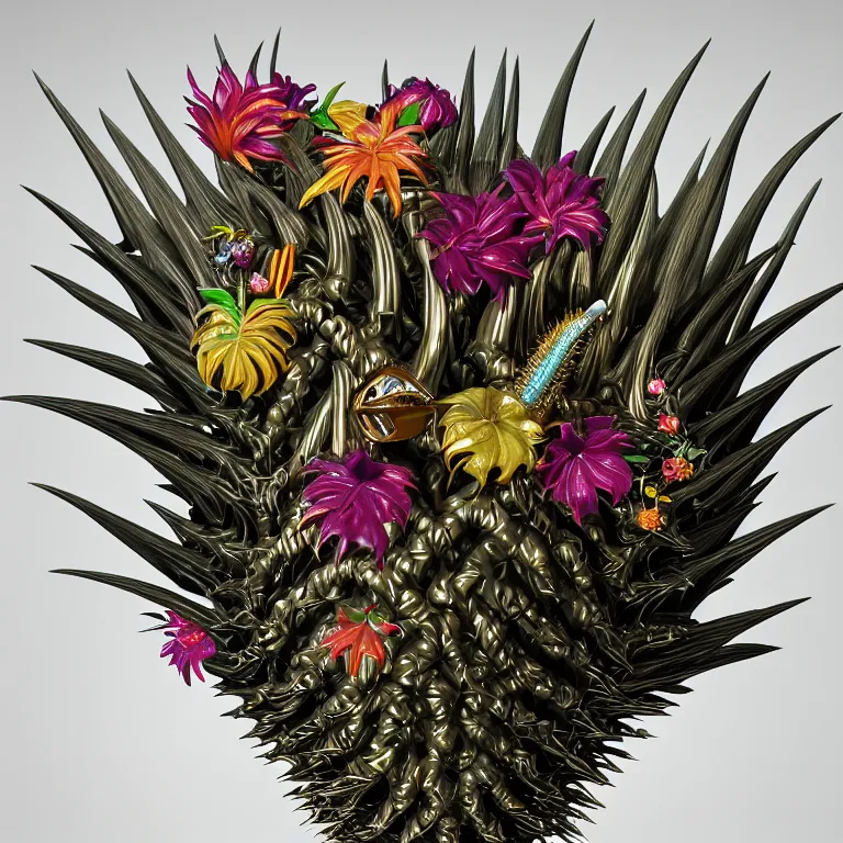 Prompt: still life of surreal alien tropical flowers, surreal alien spiky tropical fruit, metallic glossy shiny human spine, baroque painting, beautiful detailed intricate insanely detailed octane render, 8K artistic photography, photorealistic, chiaroscuro, Raphael, Caravaggio