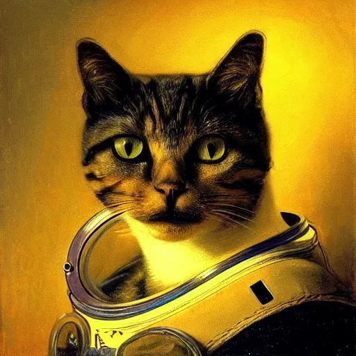 Prompt: cat cosmonaut, proudly posing for a portrait, painted by rembrandt, intricate, detailed, atmospheric lighting, golden hour.