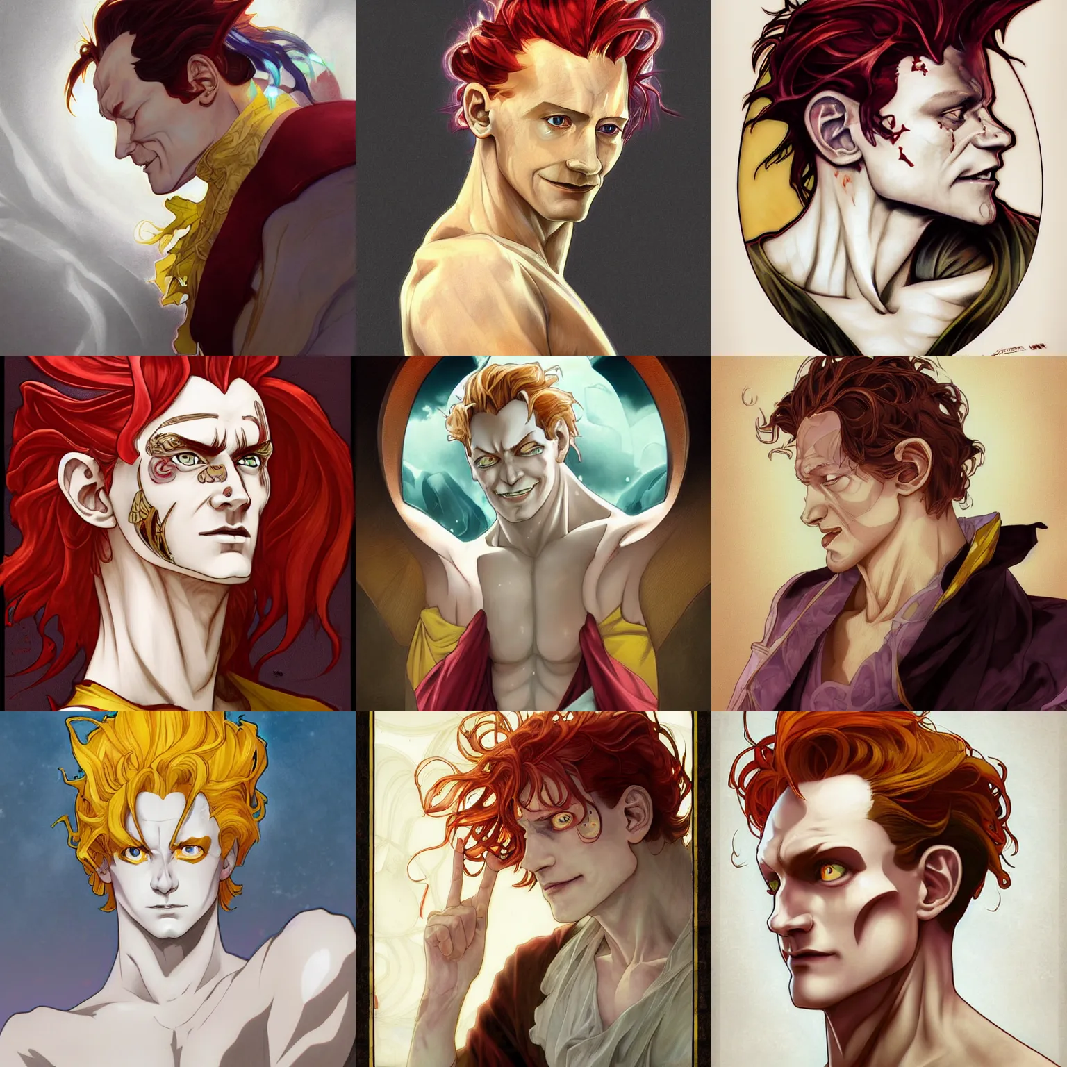 Prompt: hisoka, tom hiddleston, cel - shaded art by artgerm and genzoman and alphonse mucha, snowy white skin, smirking face, reddish hair, yellow eyes, d & d, fantasy, portrait, highly detailed, side profile, digital painting, trending on artstation, concept art, sharp focus, illustration