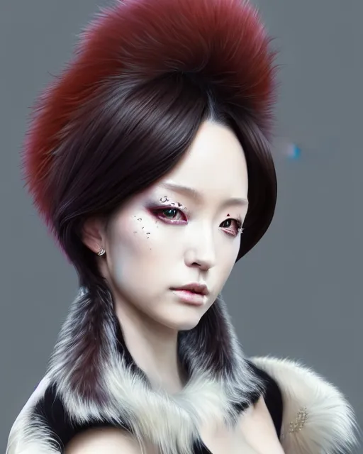 Image similar to fur - lined dragonhide jacket!!! beautiful and elegant female!! gorgeous ayes!! character concept art, sharp focus, illustration, artgerm!! ayami kojima!! wlop!! ilya kuvshinov!! marc brunet!! octane render! unreal engine 5! highly rendered!! trending on artstation!! cgi vfx!