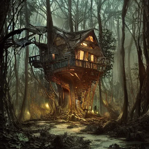 Image similar to dilapidated broken down treehouse, tucked within the witchwood forest, evil fairies, overgrown, detailed intricate ink illustration, dark atmosphere, detailed illustration, hd, 4k, digital art, overdetailed art, concept art, by greg rutkowski, by loish, complementing colors, Trending on artstation, deviantart