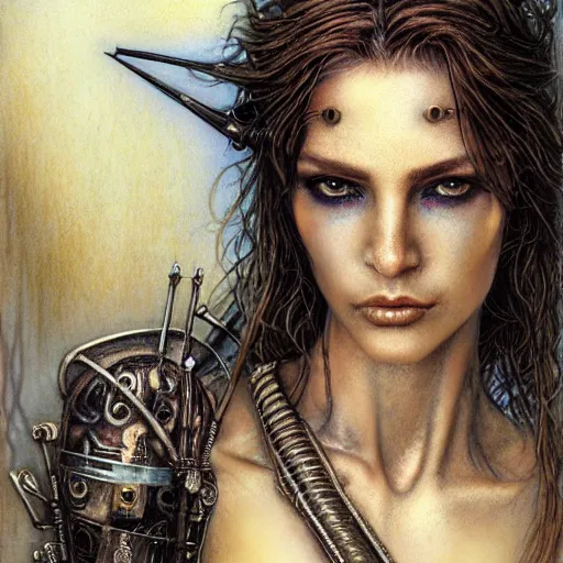 Prompt: an award finning closeup facial portrait by luis royo and john howe of a bohemian cyberpunk traveller with clothed in excessively fashionable cyberpunk gear and wearing ornate art nouveau body paint