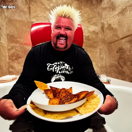 Image similar to guy fieri sitting on a white toilet in a bathroom stall , eating a plate of nachos that is sitting on his lap, 8k