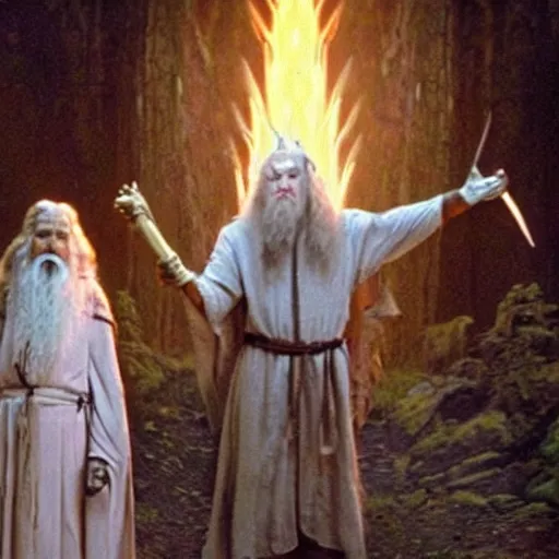 Image similar to gandalf doing a shamanic ritual with frodo in the movie lord of the rings, ayahuasca, dmt, magic mushroom