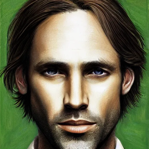 Image similar to portrait of a handsome man of 3 9 years old, green eyes, light brown, good looking, wide round nose, mid long hair by david rutkowski, by artgem