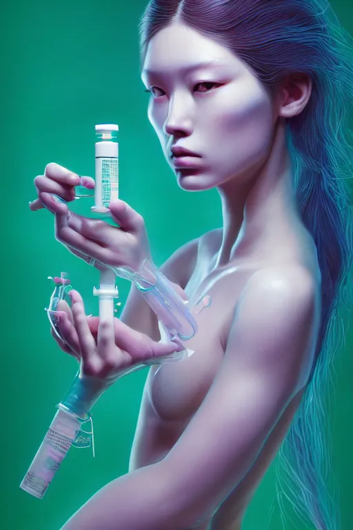 Prompt: hyperrealistic photography of a gorgeous girl inside a syringe containing luminescent green liquid in the style of jin kagetsu, james jean, chris cunninham, hans bellmer and wlop, highly detailed, face symmetry, masterpiece, award - winning, sharp focus, intricate concept art, ambient lighting, 8 k, artstation