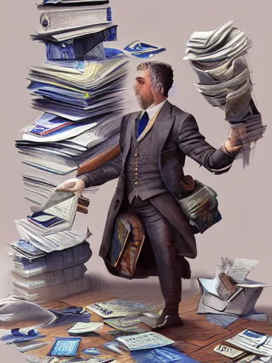 Prompt: salary man working at his desk, piles and piles of papers all over the place. intricate, elegant, highly detailed, digital painting, artstation, concept art, sharp focus, illustration, by justin gerard and artgerm, 8 k