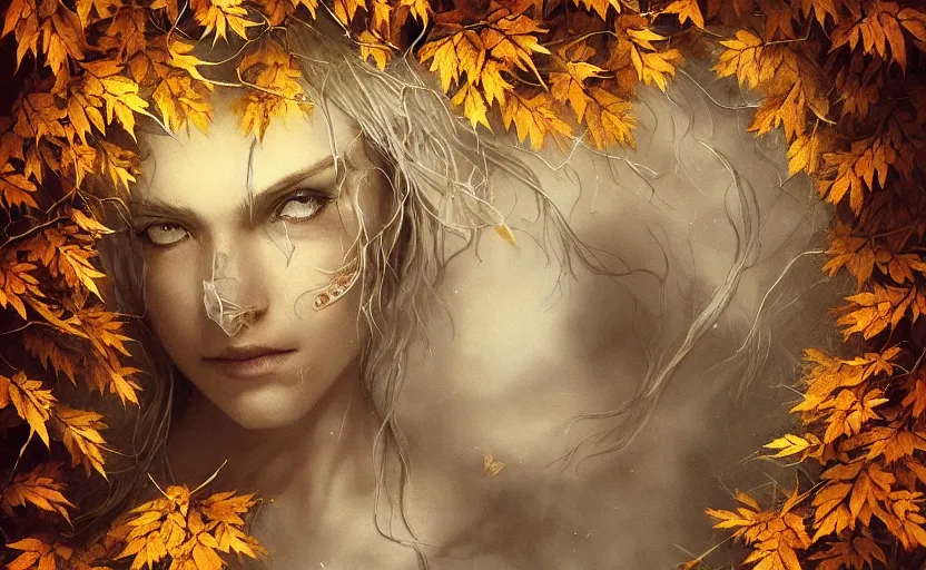 Image similar to golden leaves at frame border, creative!!! composition for a book cover!!!, absurdly beautiful, ultrafine hyperrealistic detailed old witch face by wlop and artgerm and greg rutkowski, intricate linework, sharp focus, smooth, octopath traveler, final fantasy, unreal engine, dramatic lighting, ethereal, 8 k