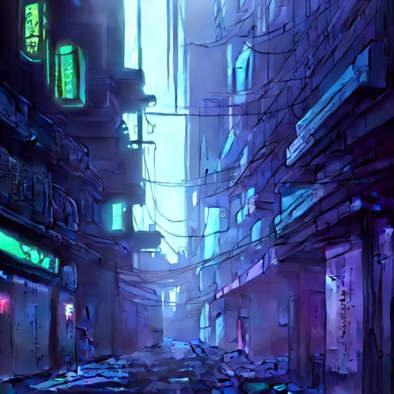 Image similar to city alleyway in the atmospheric cyberpunk anime film, gouache matte background painting, neon noir, at night with lights, by makoto shinkai, in the anime series ergo proxy, beautiful specular edge highlights and rim lighting