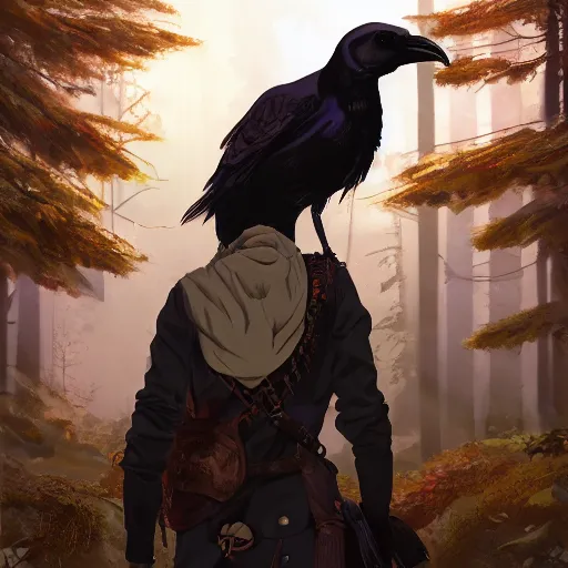 Image similar to concept art painting of a person with a head of a crow, with steampunk clothes, in the deep forest, realistic, detailed, cel shaded, in the style of makoto shinkai and greg rutkowski and james gurney