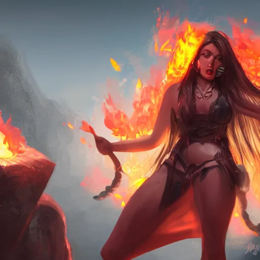 Prompt: Hot fire giantess, sitting down, shrouded humanoid on lap, fire in hand, warrior queen, concept art, artstation, 4k