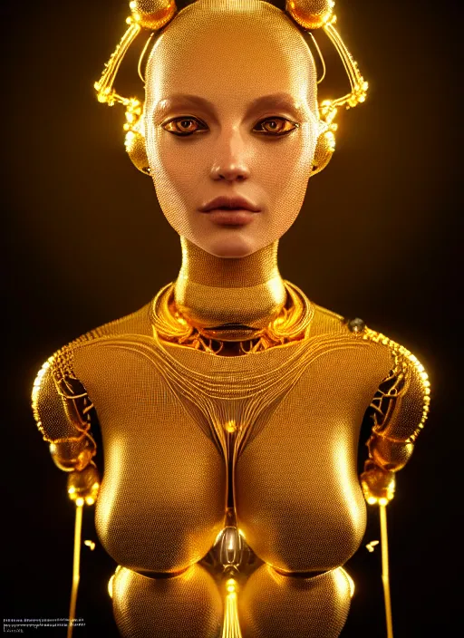 Prompt: portrait of an absurdly beautiful, graceful, sophisticated, fashionable futuristic female golden robot with human eyes, glowing internal warm light, hyperdetailed illustration by irakli nadar and alexandre ferra, intricate linework, faberge, intricate gold headdress, dark atmosphere, unreal engine 5 highly rendered, global illumination, radiant light, detailed and intricate environment