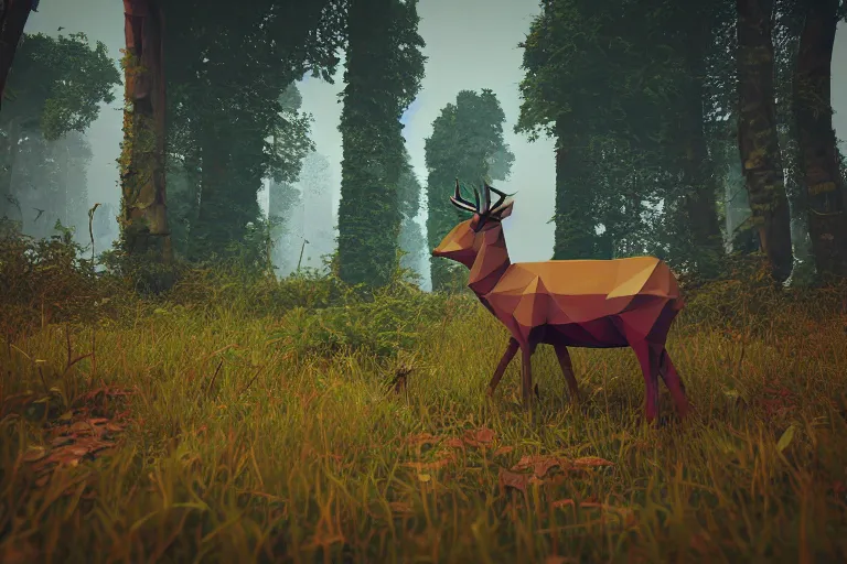 Image similar to super detailed lowpoly art, red deer in an undergrowth, unreal engine, retrowave color palette, 3 d render, lowpoly, earthy colors, digital art, perspective