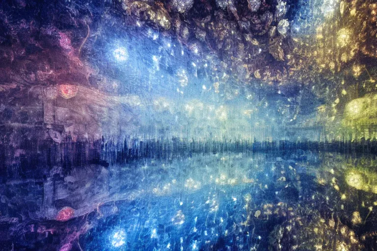 Prompt: Beautiful impressionistic painting, of fractal cosmic lights, Desaturated, water reflection, intricate details, high quality, 8k, wide lens atmospheric photo, color grading !dream