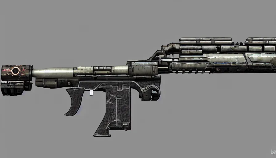 Prompt: extremely detailed realistic side view of a sci fi bullpup gauss rifle, detailed pistol trigger, chemically propelled, massive battery, smooth and square, side fed, railgun, chemrail, gauss, elegant sleek smooth body, white paint, sleek utopian design, ultra high quality, insane, octane, call of duty, warframe, terminator