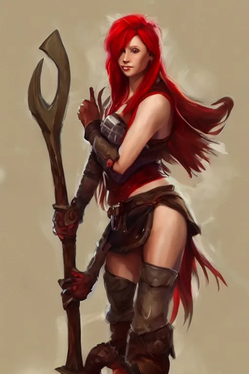 Image similar to a woman with red hair holding two large axes, concept art by senior character artist, artstation contest winner, fantasy art, concept art, artstation hd, 2 d game art