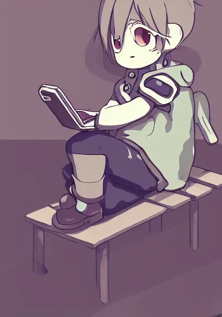 Prompt: beautiful little boy wearing sheep suit using a smartphone while sitting on chair, gray, blue, green and brown pallet color. made in abyss art style, inspired in kris from deltarrune, cute detailed artwork, anatomically correct, soft details, ilya kuvshinov, reflection, perfect composition, mobile wallpaper