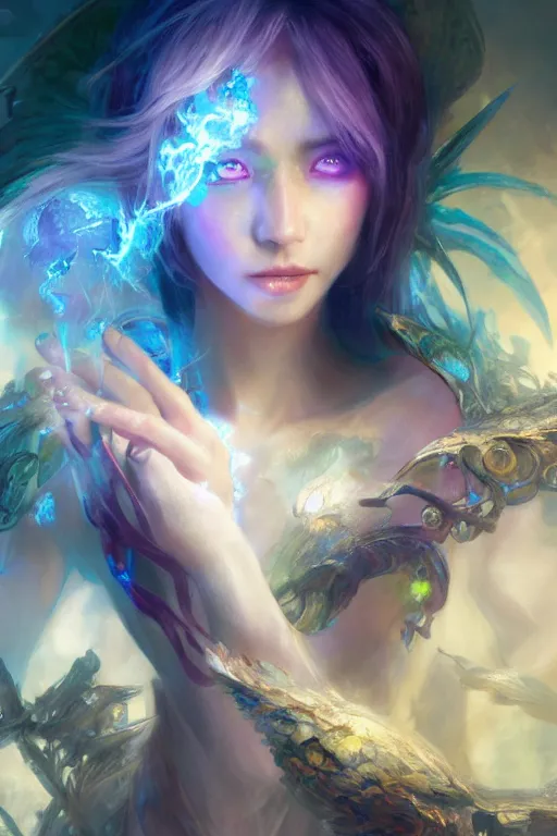 Image similar to half body closeup of extremely beautiful girl necromancer, magical fairy flowers and ice, angels, 3 d render, hyper - realistic detailed portrait, holding fire and electricity rainbow, ruan jia, wlop. scifi, fantasy, magic the gathering, hyper detailed, octane render, concept art, peter mohrbacher