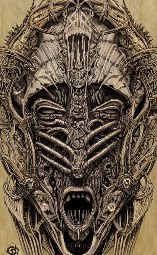 Image similar to H.R. Giger and Elden Ring themed painting of ancient hybrid majestic aztec warrioor fantasy biomechanical human beautiful angel symmetrical face angry mask closeup face mask tattoo pattern golden ratio concept, deep forest psytrance Neo-Gothic concept, infinity glyph waves, intricate artwork masterpiece, very coherent artwork, cinematic, full frontal facial features by Artgerm, Takato Yamamoto, Zdizslaw Beksinski, Johnatan Wayshak, Moebius, Ayami Kojima, very coherent artwork, trending on cgsociety, ultra high quality model, production quality cinema model, high detail chromatic ink outline, octane render, unreal engine 8k, hyper realism, high detail, octane render, unreal engine, 8k, High contrast