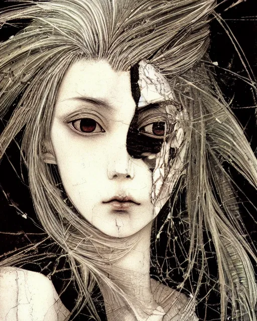 Image similar to Yoshitaka Amano realistic illustration of an anime girl with wavy white hair and cracks on her face wearing dress suit with tie fluttering in the wind, abstract black and white patterns on the background, noisy film grain effect, highly detailed, Renaissance oil painting, weird portrait angle