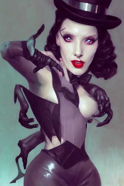 Image similar to full figure portrait of Zatana, pale, haunted, in tophat and tailcoat, legs wrapped in fishnet stockings, shushing the camera, dc comics, cyberpunk, Warhammer 40000, dark fantasy, digital art from artstation by Ruan Jia and Mandy Jurgens and Artgerm and william-adolphe bouguereau