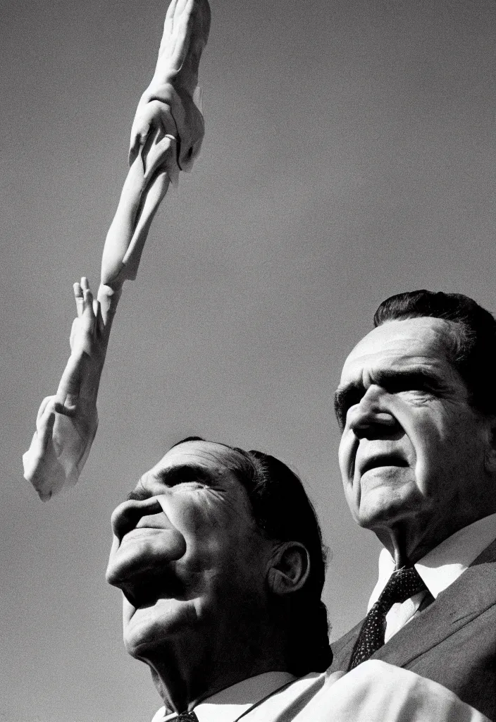 Prompt: portrait of richard nixon as god flying in the air, by charlotte grimm, natural light, detailed face, canon eos c 3 0 0, ƒ 1. 8, 3 5 mm, 8 k, medium - format print